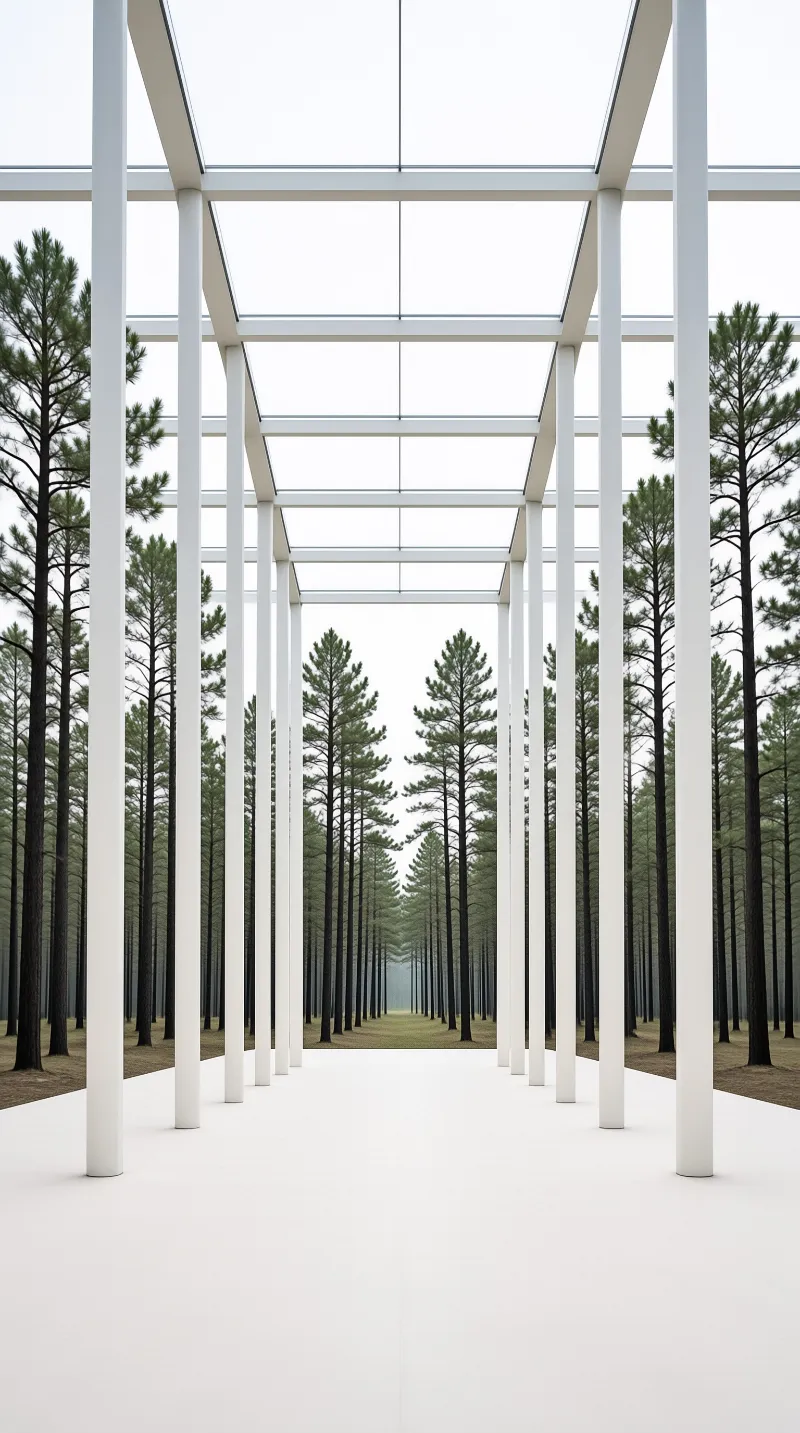 Parallel white columns and beams form an open corridor receding through a dense pine forest in flat gray light.