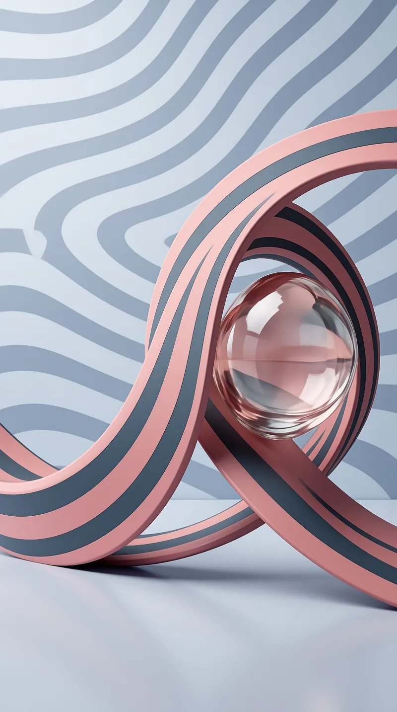 A transparent glass orb rests within a large looping ribbon featuring pink and grey stripes against a wavy background.