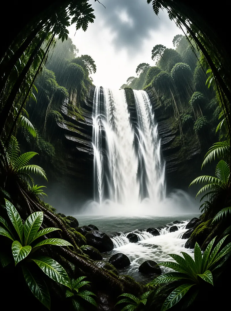 A large white waterfall flows down a rocky cliff surrounded by lush green trees and rising mist.