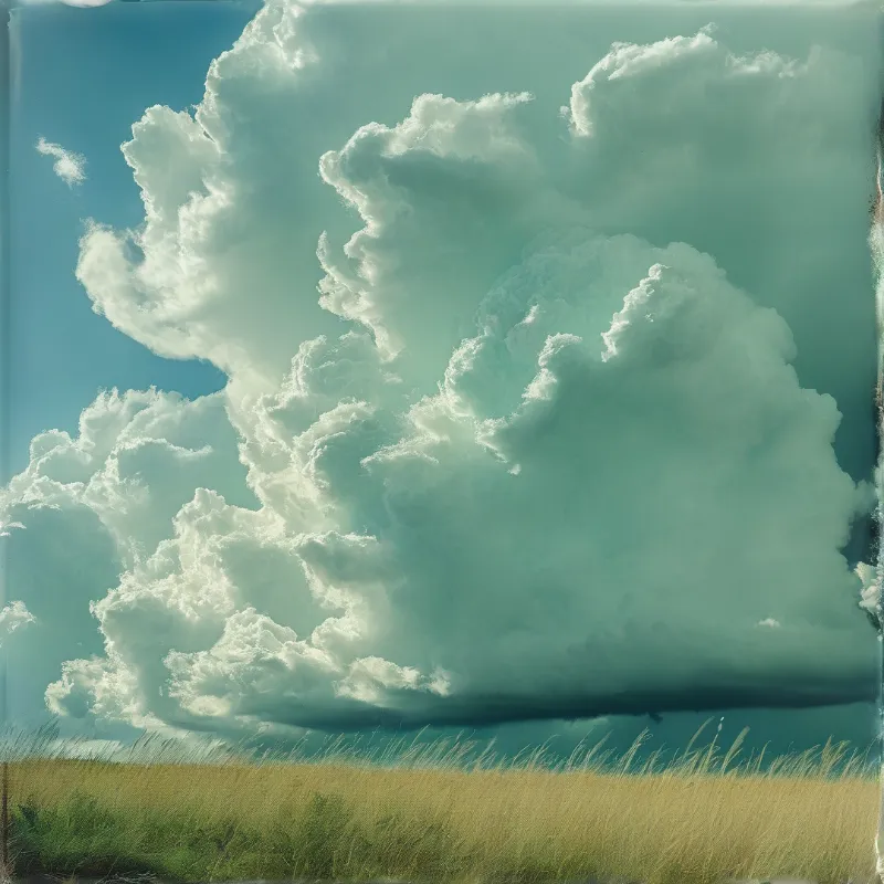 A massive cumulus cloud fills the teal sky above a golden grass field, creating a dramatic natural composition.