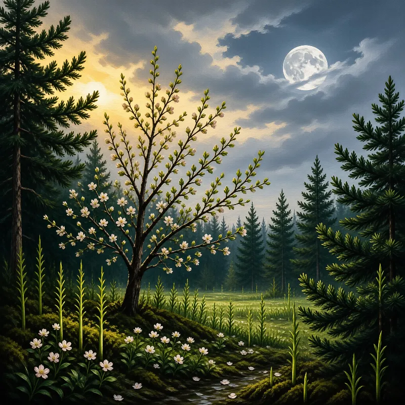 A blossoming tree stands centrally in a clearing surrounded by tall coniferous trees under a bright full moon.