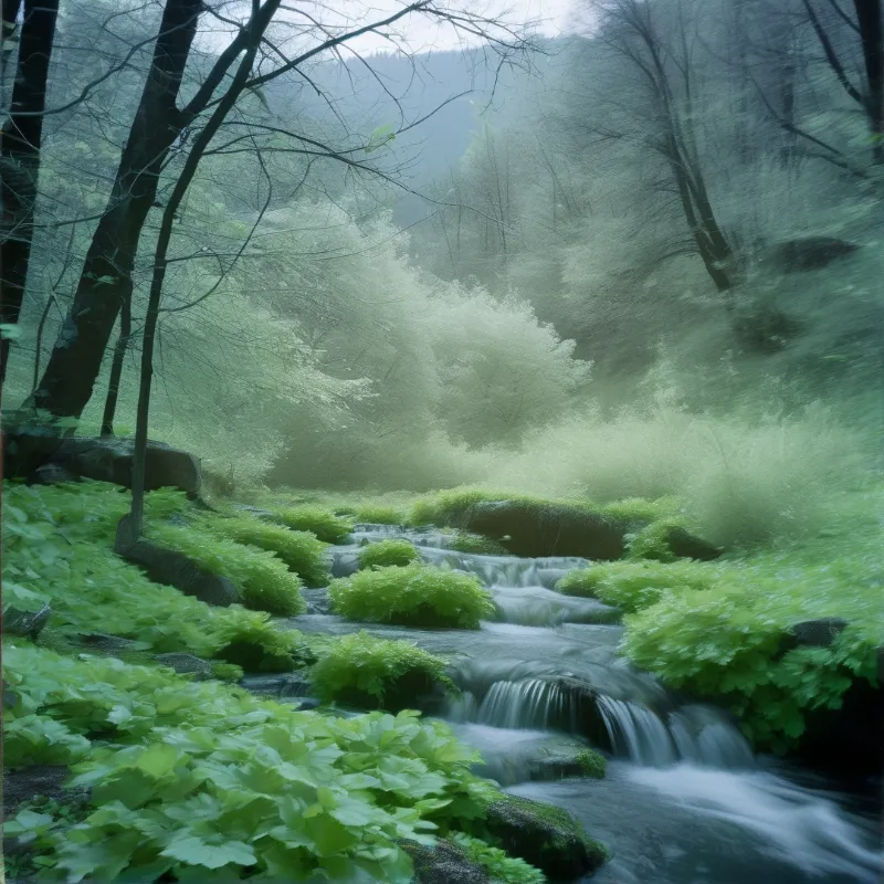 A shallow stream flows over mossy stones through a lush green forest filled with thick white mist.