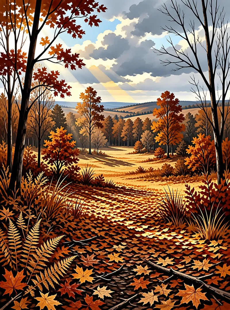 Rays of sunshine break through clouds above a forest path covered in fallen orange leaves.