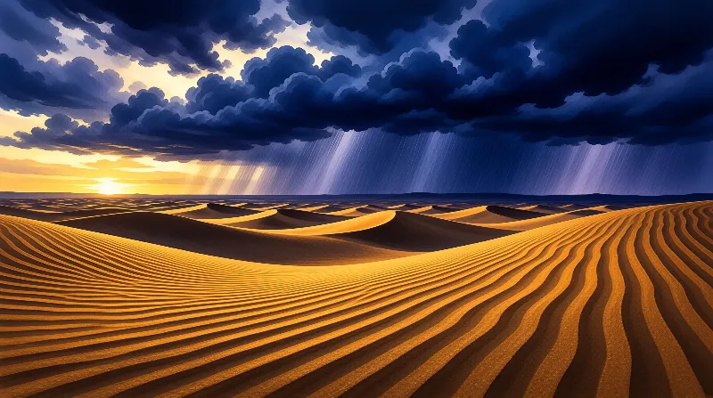 Golden sand dunes stretch beneath dark thunderstorm clouds with rain falling and sunlight glowing on the horizon