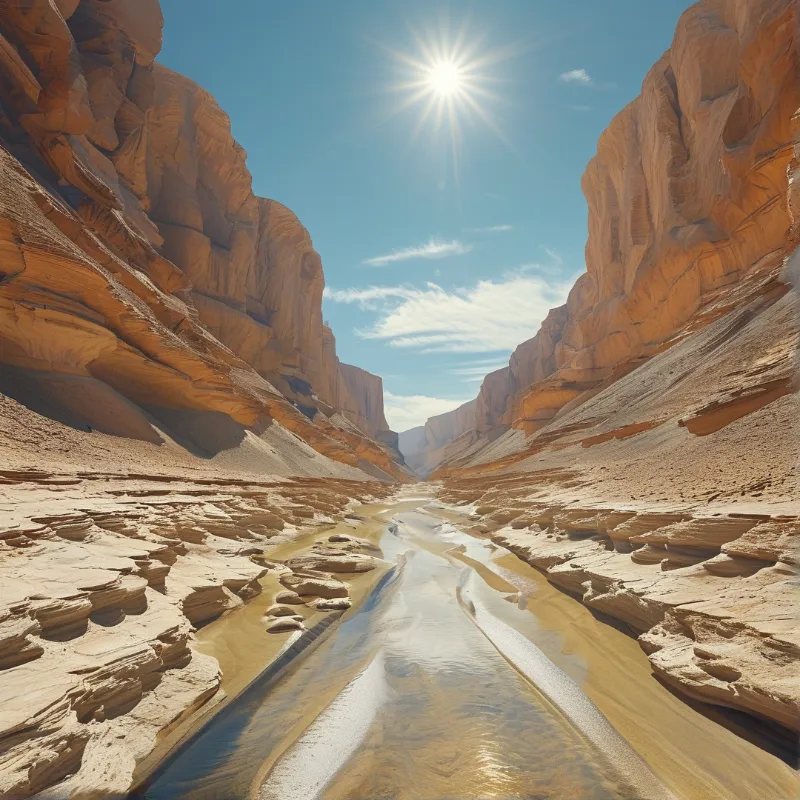A sunlit sandy river cuts through layered ochre rock canyon walls under a clear bright blue sky