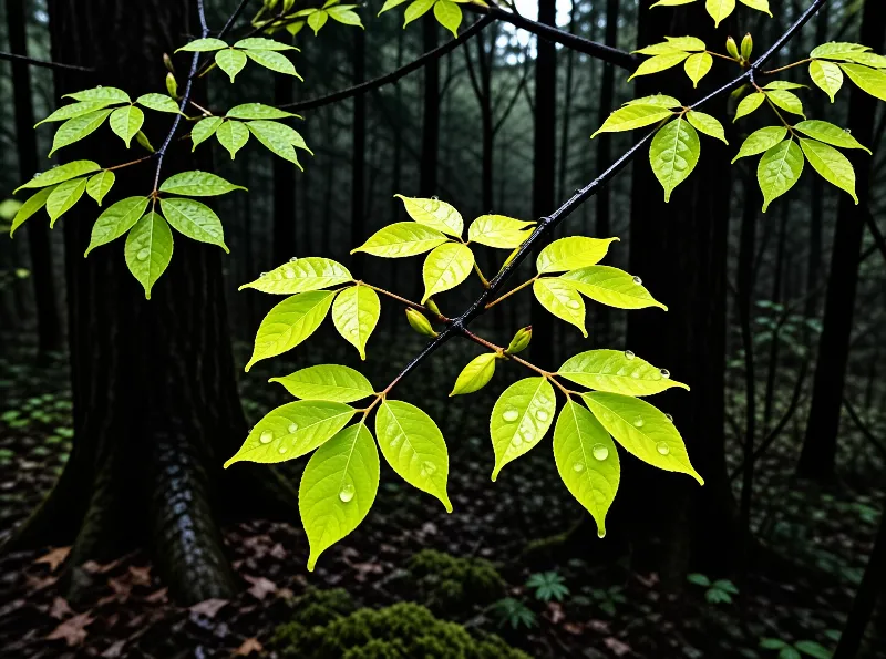 Bright green leaves beaded with raindrops hang against a dim forest of tall dark tree trunks