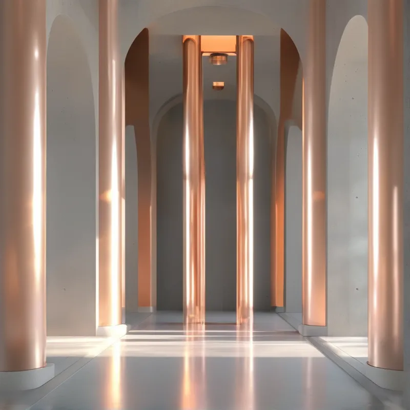 A symmetrical view of a hallway with tall rose gold columns and white walls reflecting warm sunlight.