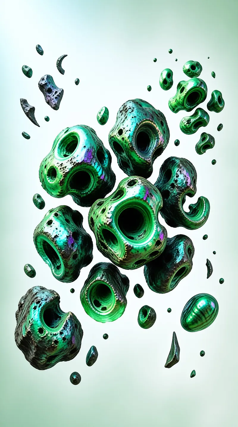 Several shiny green porous objects with holes suspended in a bright white space showing detailed textures and reflections.