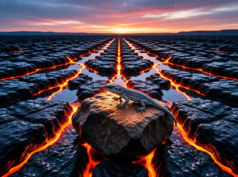 A small grey lizard sits on a dark rock surrounded by channels of bright orange lava under a colorful twilight sky
