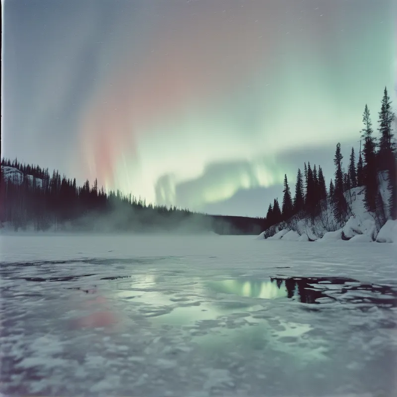 Green and pink northern lights ripple across the night sky above a misty frozen lake edged by dark spruce trees
