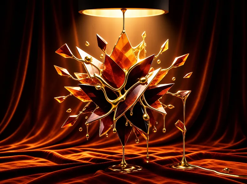 Surreal golden liquid erupts around a faceted amber gem resting on draped crimson fabric illuminated by overhead warmth.