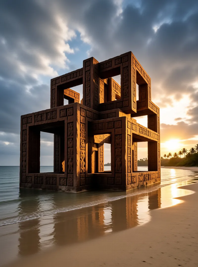 An ancient looking stone structure made of interlocking rectangular frames stands in shallow coastal water at golden hour.