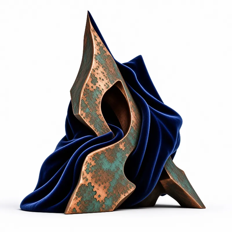 A patinated bronze abstract metal sculpture rests against a crumpled deep blue velvet fabric under even studio lighting.