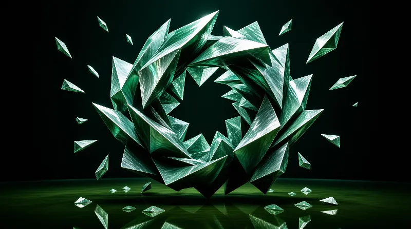 A large ring made of green crystalline shards floats above a reflective dark floor with smaller pieces scattered around it.