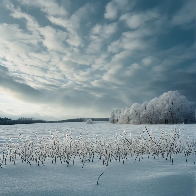 Pale frosted shrubs reach through fresh snow while a line of ice coated trees glows on the horizon under a clouded sky