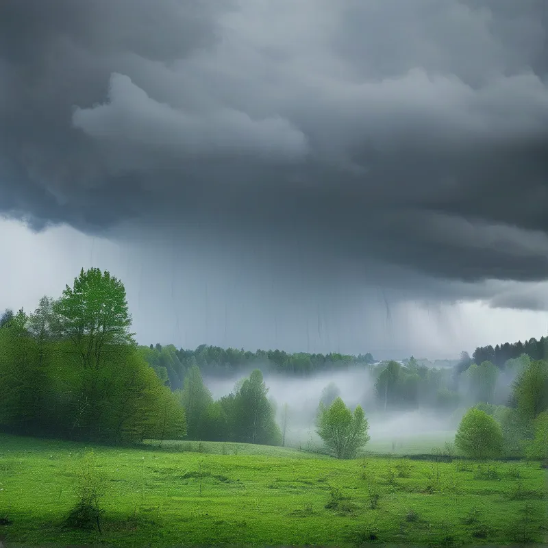 A dramatic landscape featuring dark grey clouds releasing rain over a vibrant green forest and foggy meadow under a stormy sky.