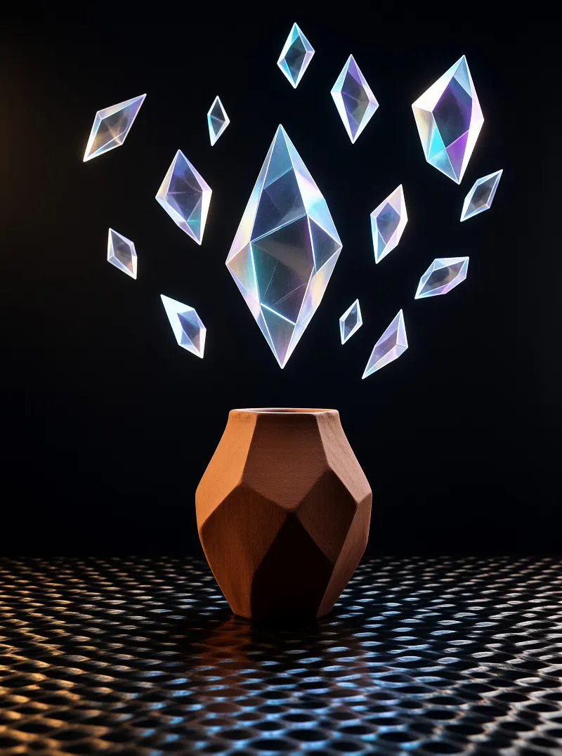 A brown faceted vessel sits on a perforated surface while glowing crystal shards float above in the dark.