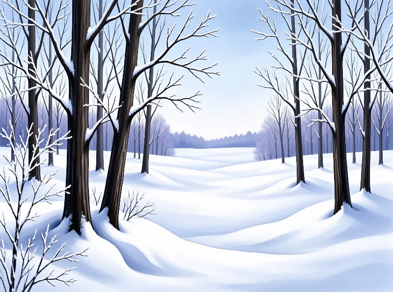 Tall leafless trees stand along both sides of a snow covered valley, bathed in cool soft ambient light with deep blue shadows across the ground.