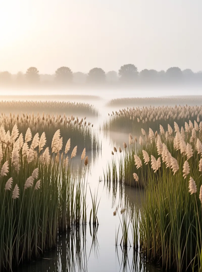 Tall marsh reeds with feathery plumes stand in still water, surrounded by low-lying fog under soft dawn light.
