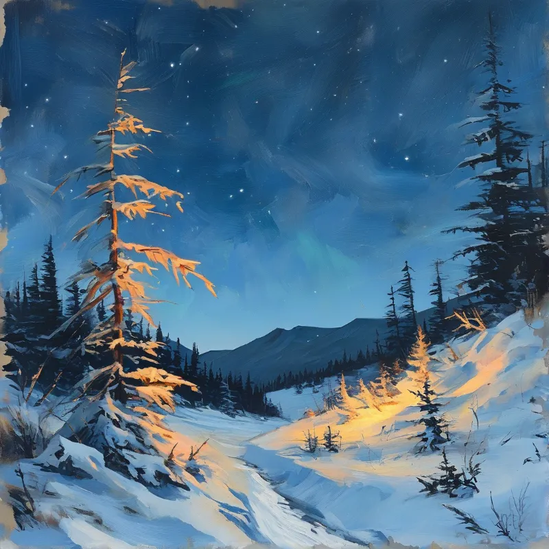 A tall snow-covered pine tree stands illuminated in a blue winter landscape with a starry sky and distant mountains.