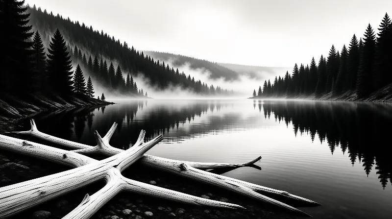 Bleached fallen trunks lie at the edge of a glassy alpine lake ringed by dark pines and drifting fog in monochrome.