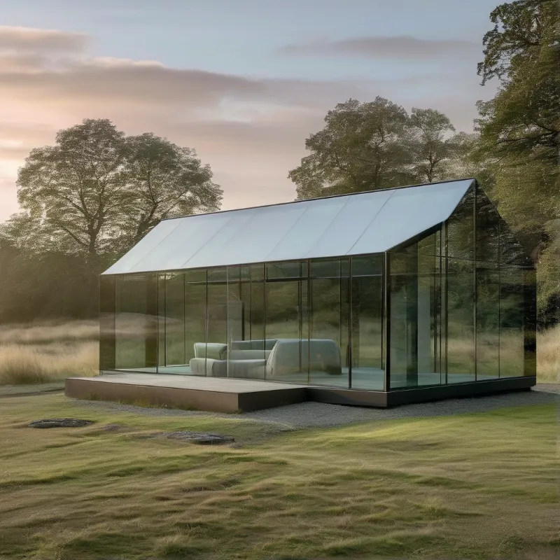 Transparent building with peaked roof sits on raised platform surrounded by tall grass and trees under soft cloudy sky.