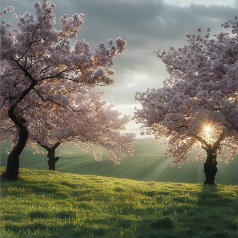 Two blooming cherry trees stand on a grassy hillside while sunbeams shine through their branches against a cloudy sky.