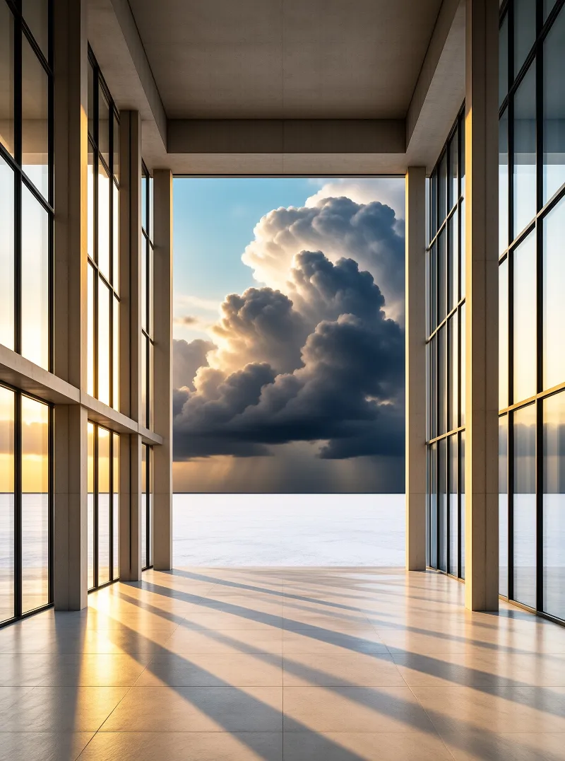 Minimalist concrete structure with floor to ceiling glass windows looking out onto a vast white salt flat beneath towering clouds lit by golden sunlight.