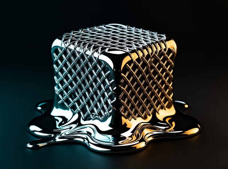 A silver wire cube and a golden lattice cube merge into one glossy, dripping form on a dark surface.