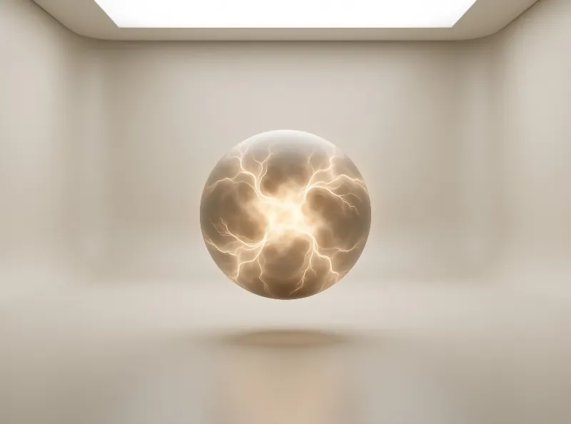A translucent plasma ball with electric filaments inside a beige room with a skylight ceiling casts a shadow on the floor.