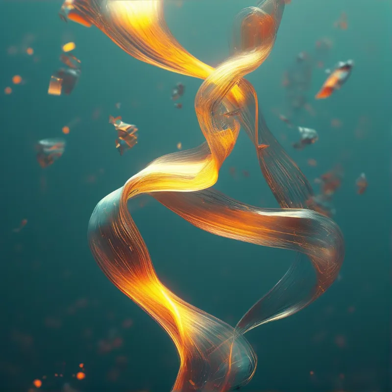 A twisted golden fiber ribbon twists through a blue green space surrounded by scattered debris particles.