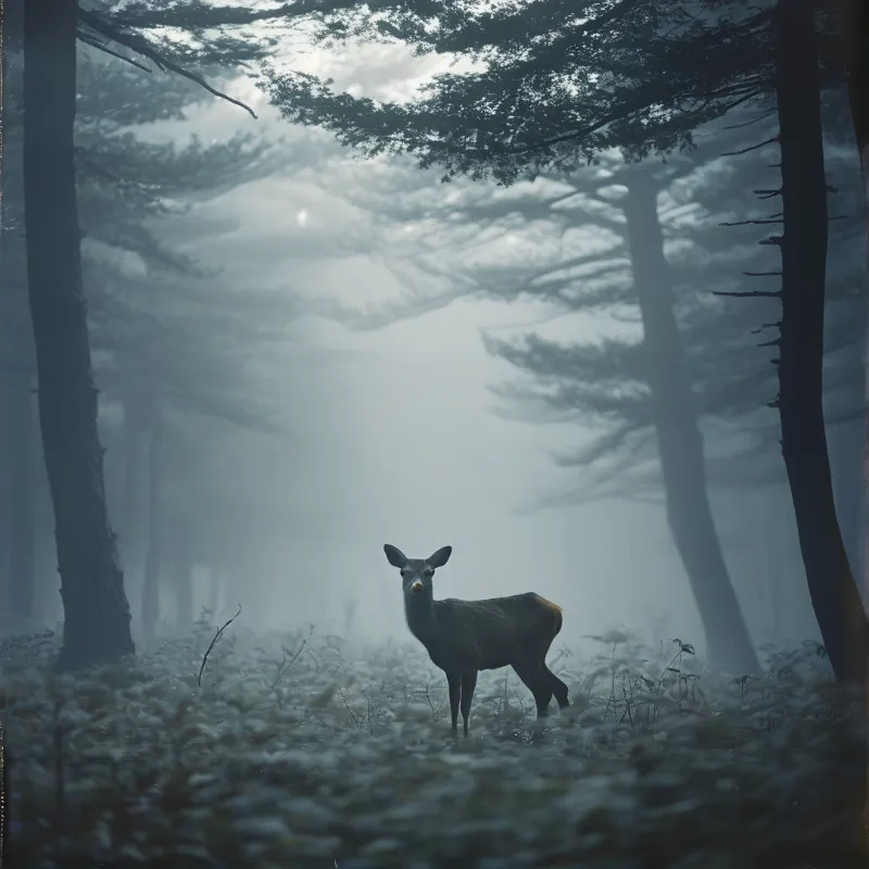 A lone deer stands alert in a forest shrouded in thick blue fog with soft light filtering through tall trees.