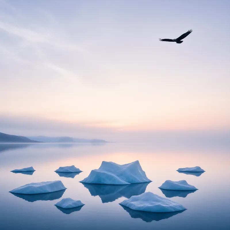 A large dark bird glides high above a calm pastel blue lake dotted with floating white and blue icebergs at dawn.