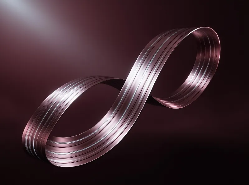A shiny rose gold infinity band floats against a dark gradient background, with bright highlights tracing its layered ridges.