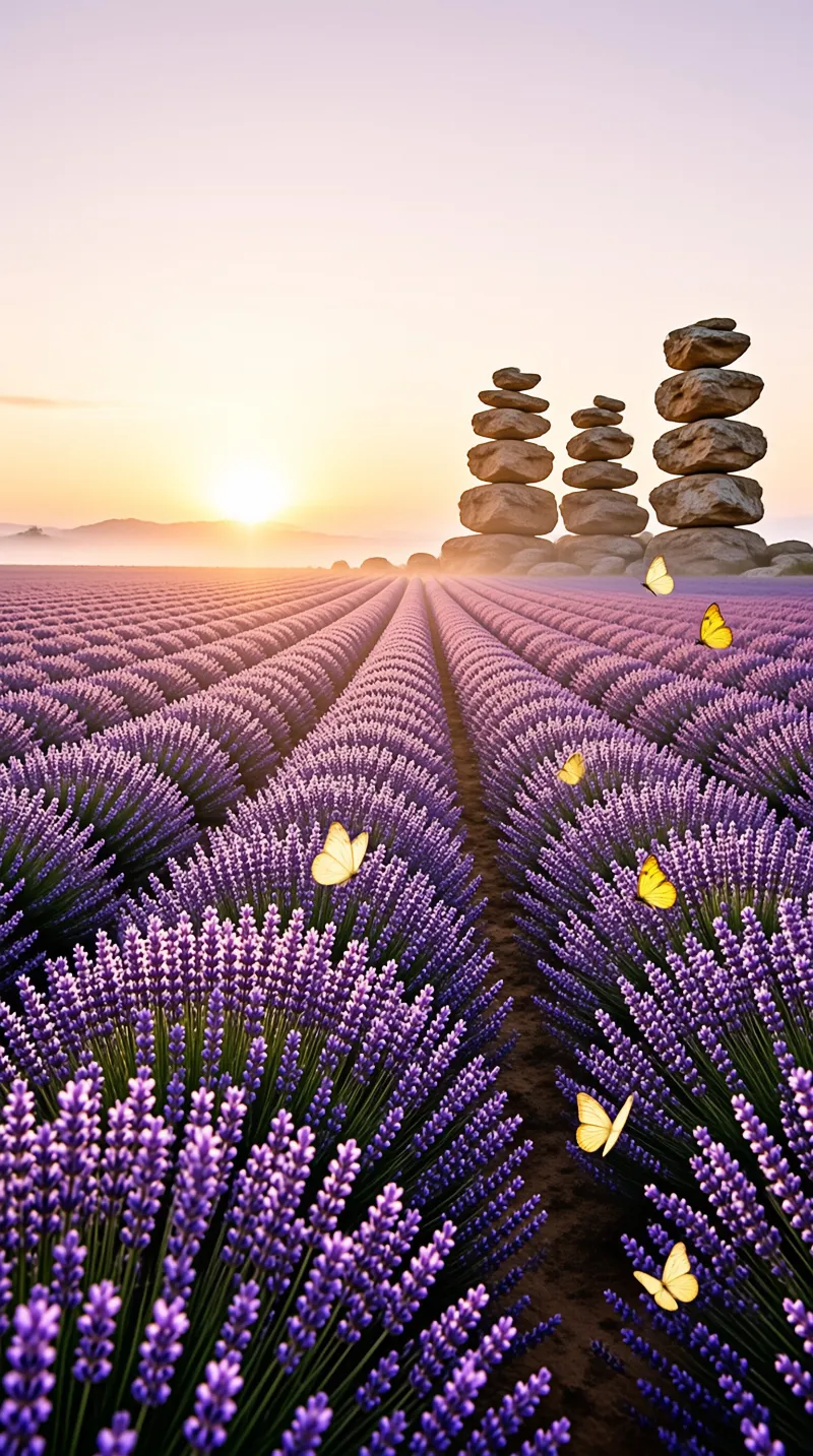Rows of purple lavender flowers stretch towards a horizon where large balanced stones stand in warm sunlight.