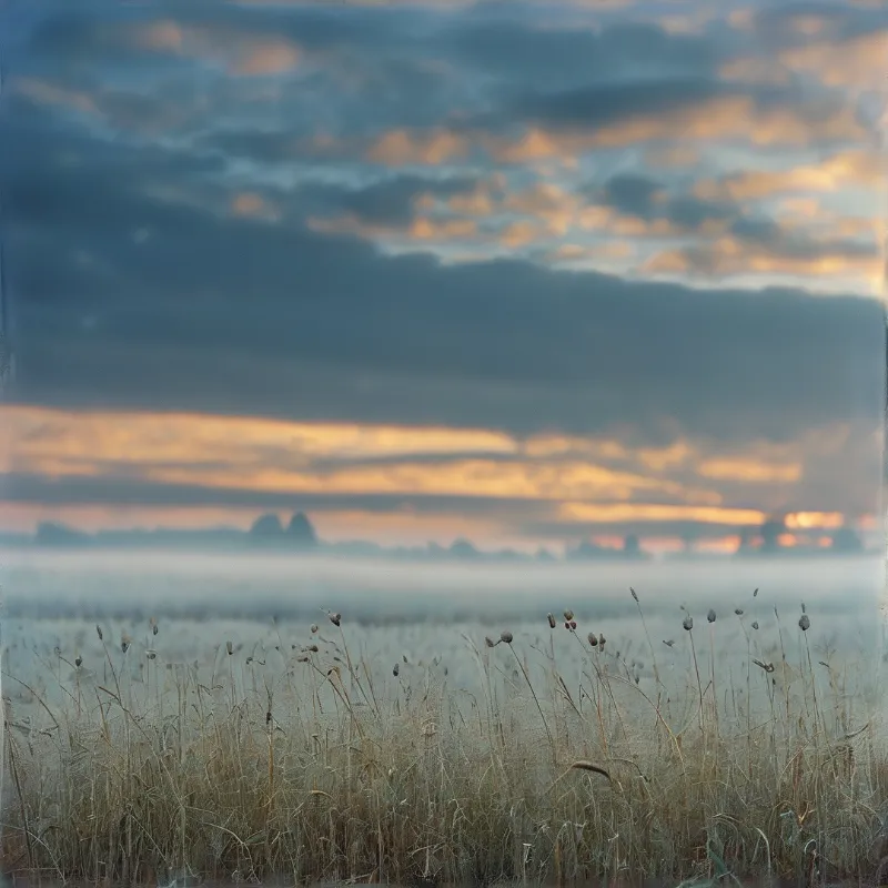 Dry meadow grass stands in front of a fog covered distant landscape lit by warm orange sunrise hues against a blue cloudy sky.