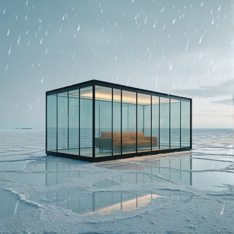 A transparent glass room containing a tan sofa sits alone on a cracked frozen lake as snow falls from a grey sky