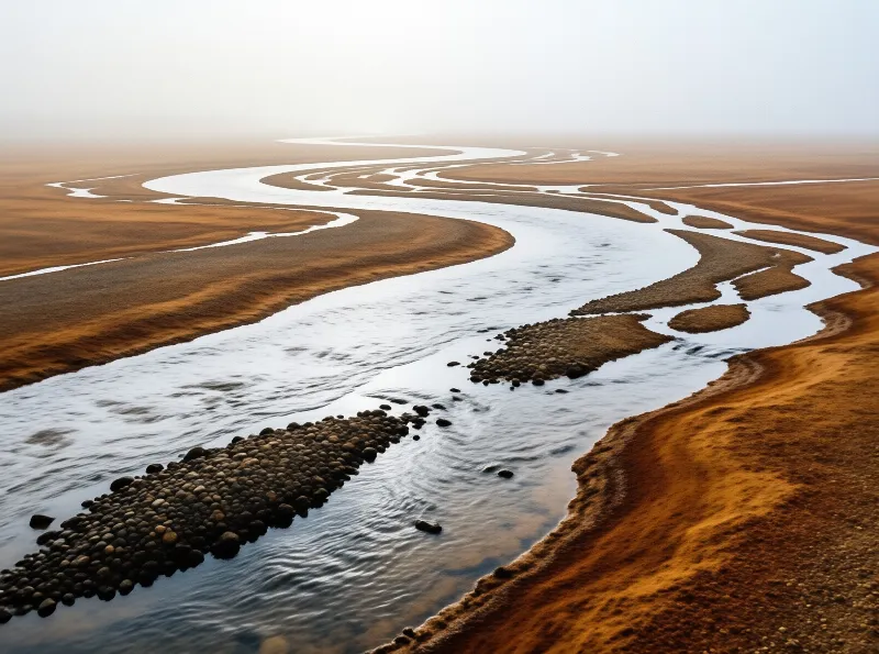 A curved river flows through orange desert terrain with scattered pebbles visible in the shallow water under misty light.