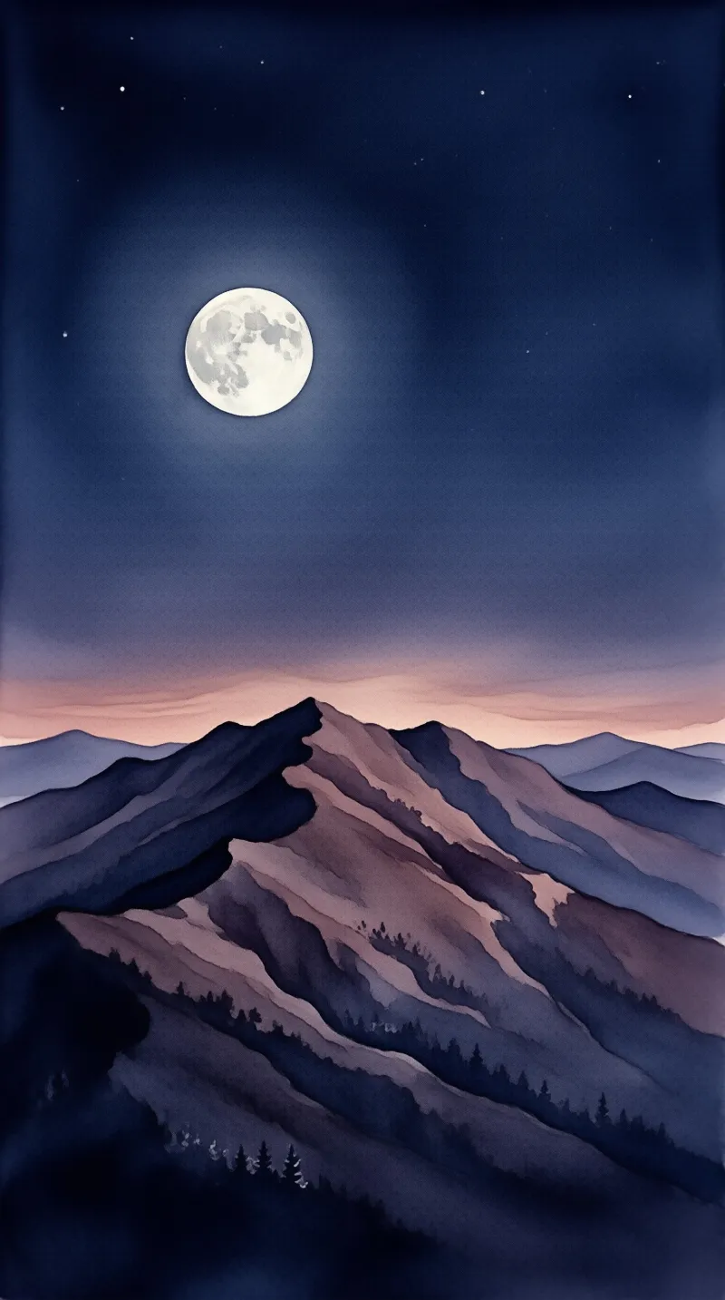 A watercolor painting shows a deep blue night sky with a glowing full moon hanging above layered purple and white mountain peaks.