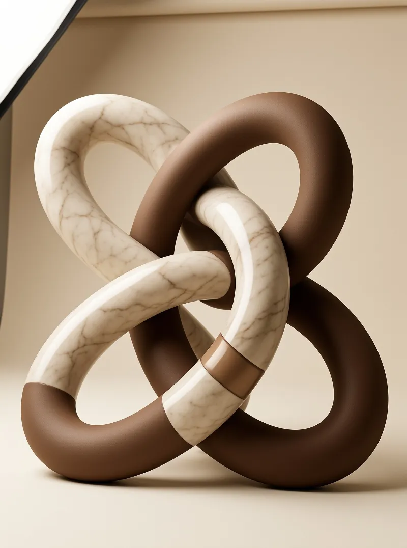 Glossy white marble ring intertwined with a matte chocolate brown loop against a warm neutral backdrop.