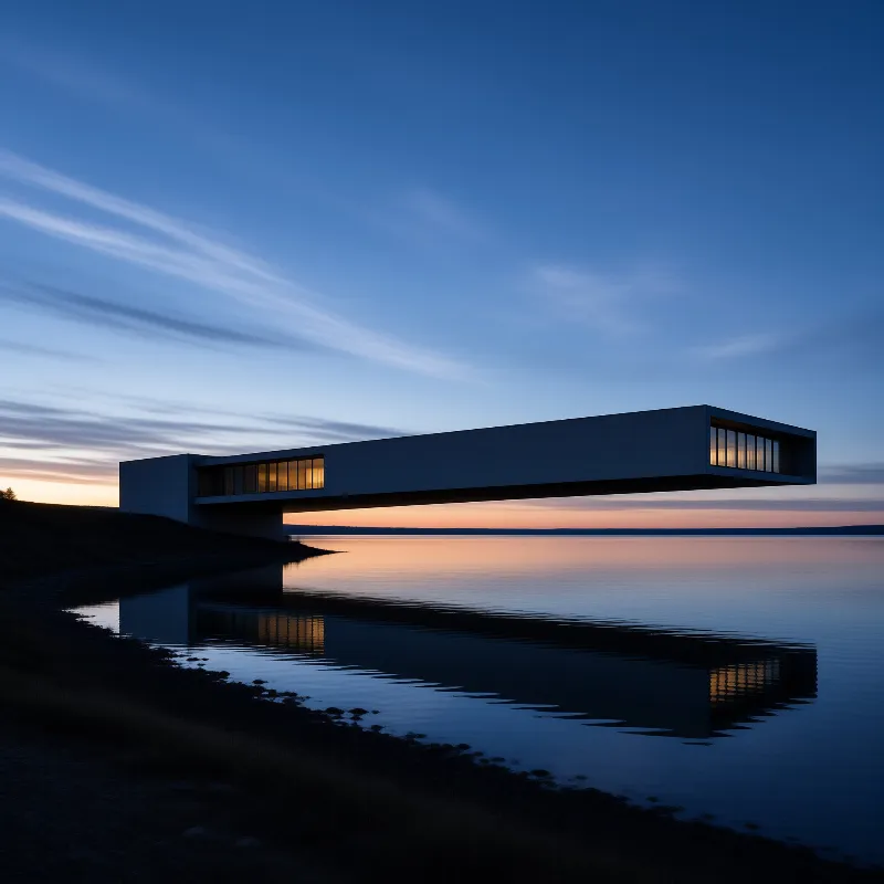 A cantilevered lakeside home extends over a calm lake at dusk, warm light from its windows reflects on the still water below under a gradient blue sky.