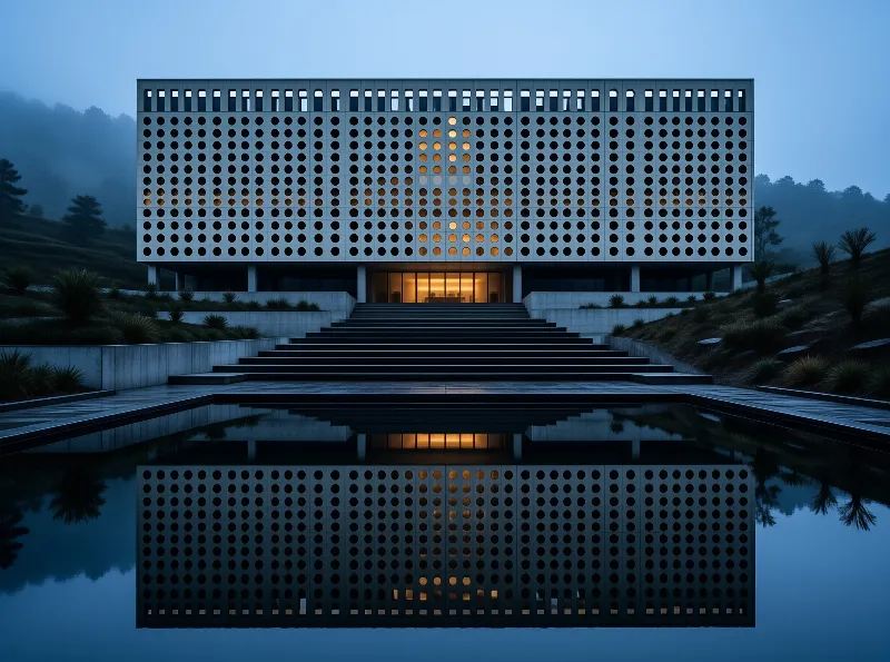 A rectangular building with circular perforations emits warm light while reflecting in a still pool at dusk.