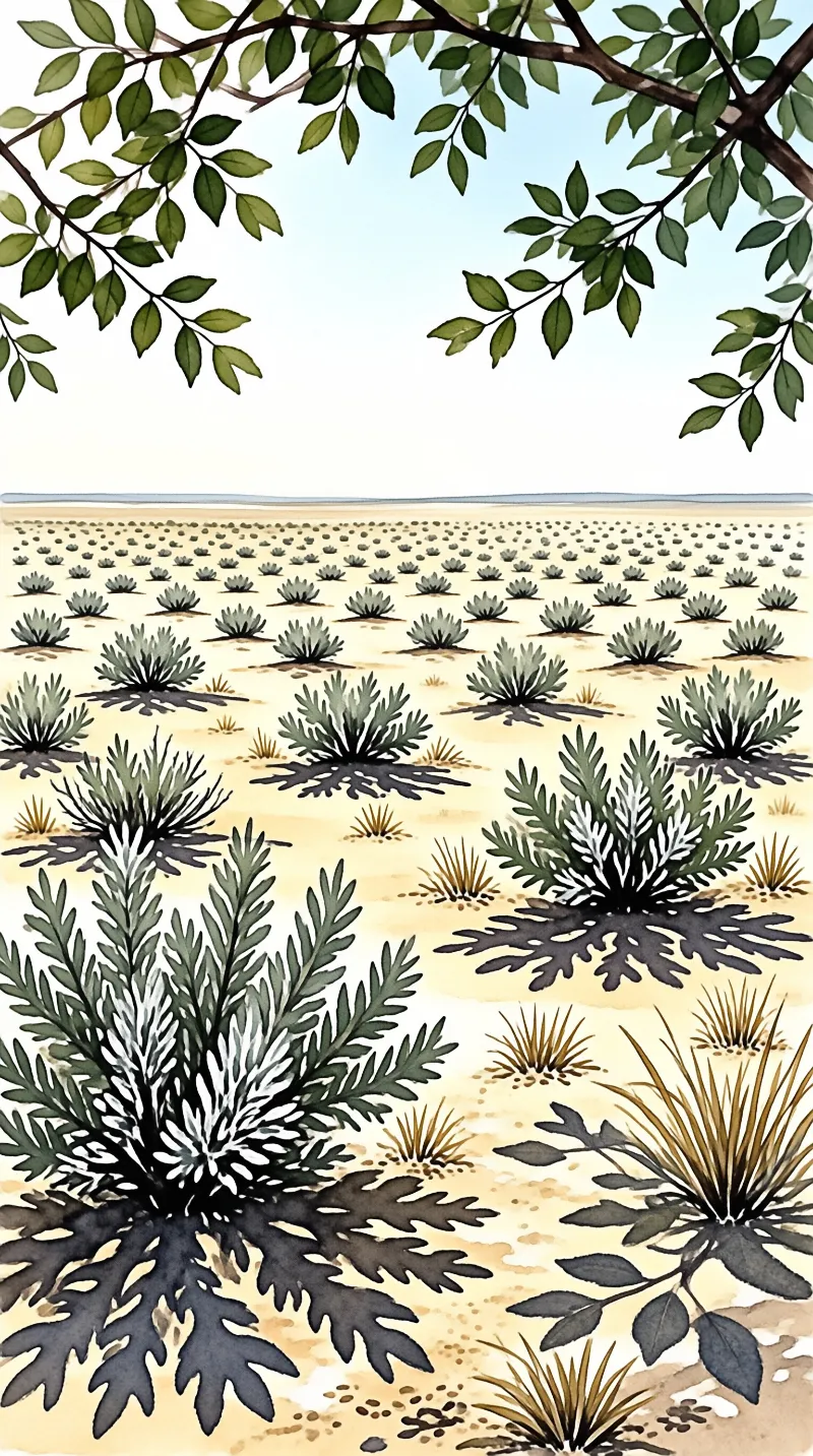Spiky green succulents and dry grass fill a sandy field, framed by overhanging tree leaves casting distinct shadows.
