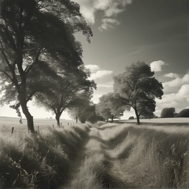 Sepia toned landscape showing a grassy path lined with oak trees under a cloudy sky in open fields.