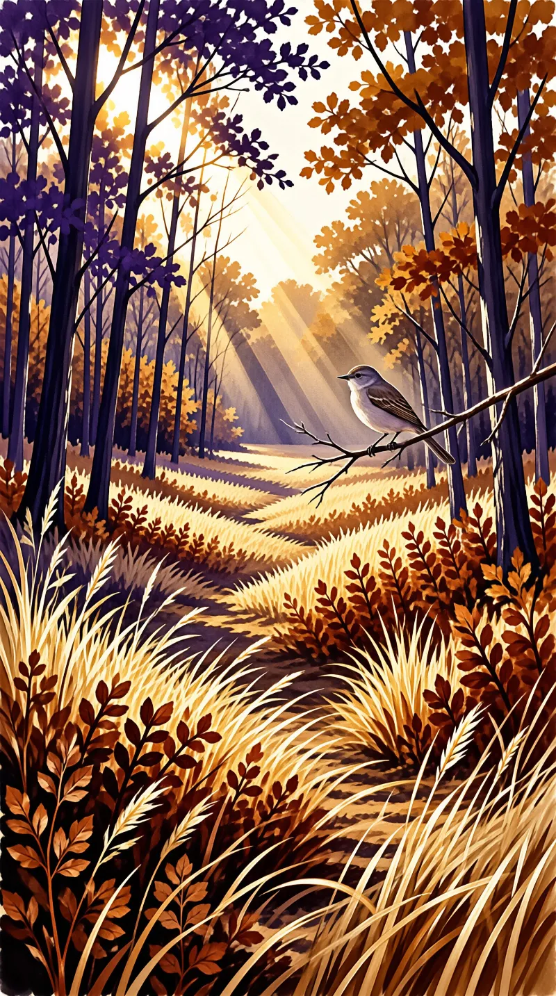 A small pale bird rests on a bare branch while shafts of sunlight slant through purple and orange trees.