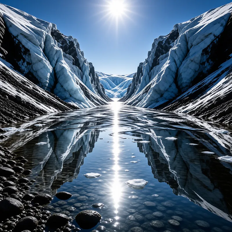 A clear river winds through a valley of blue ice while a bright sun casts a long shimmering reflection on the water surface.