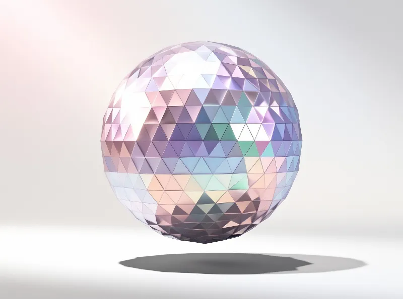 A low-poly sphere with iridescent pastel colors floats above a gray surface casting a shadow.