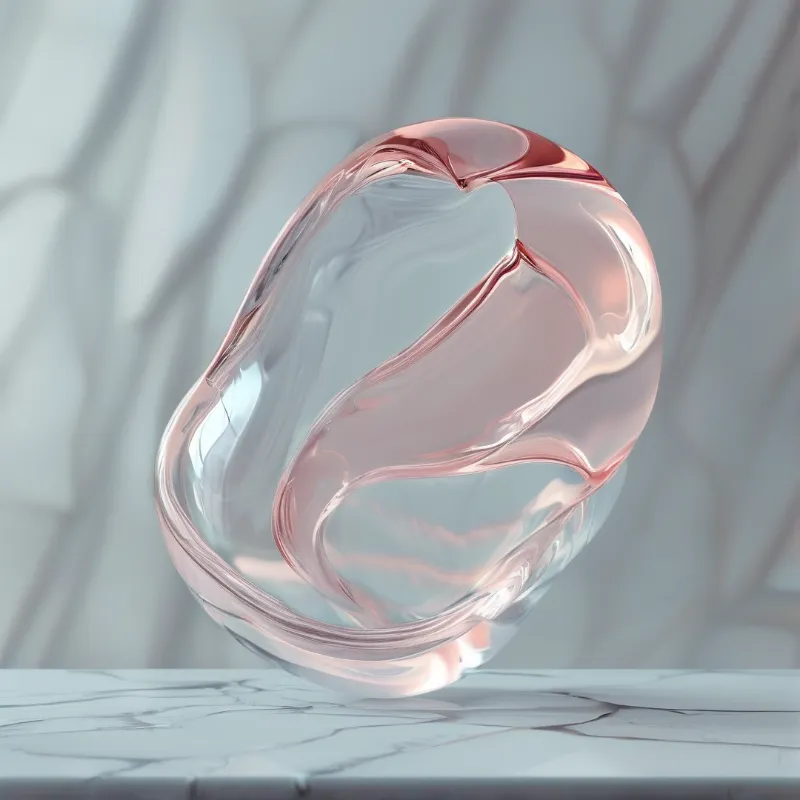 A translucent rose gold glass shape sits on a white marble surface with soft reflections.