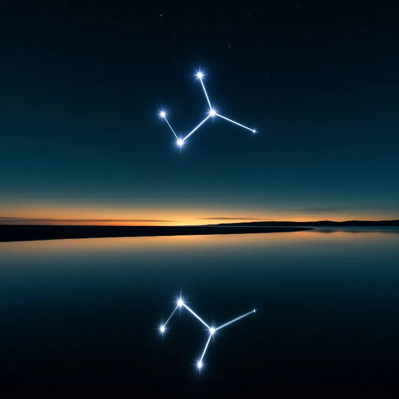 Bright connected stars in the night sky mirror perfectly on the calm water surface below the orange horizon.