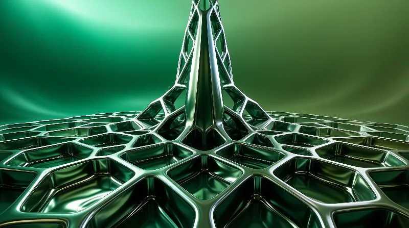 A glossy pillar of silver and emerald facets grows from a floor of repeating honeycomb cells.